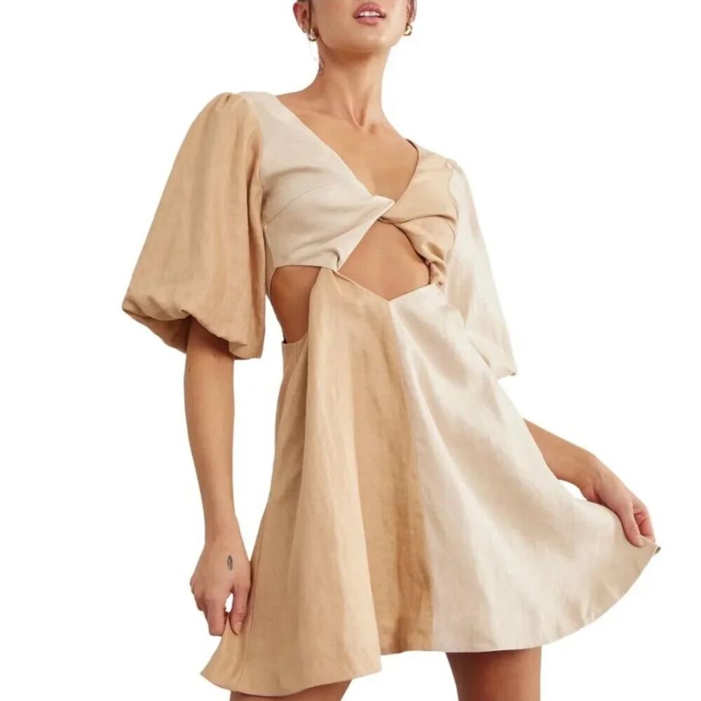 Sovere Duet Mini Dress Sandstone Midriff Cut Out 100% Linen Revolve SZ XS